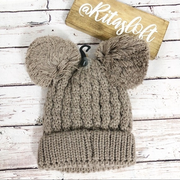 CC Beanie Kids Chunky Cable Knit Hat Double‎ Pom - Picture 2 of 2